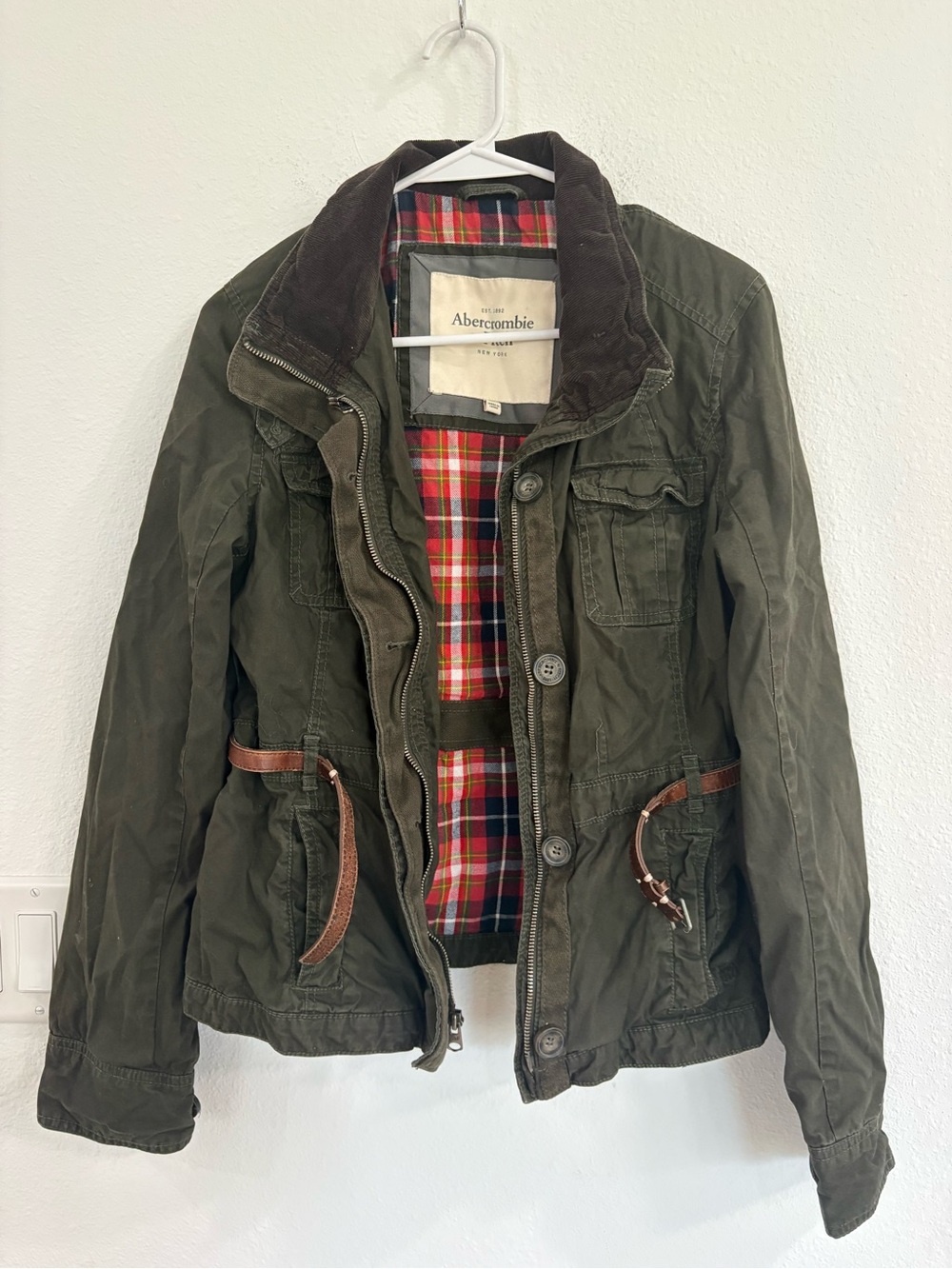 Abercrombie & Fitch New York Army Green Jacket with Red Plaid Lining